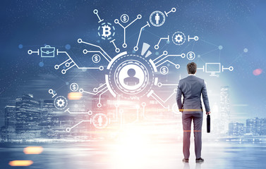 Businessman with suitcase, network in a city