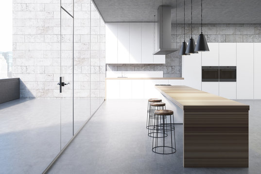 Concrete kitchen interior, white cabinets, bar