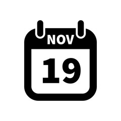 Simple black calendar icon with 19 november date isolated on white