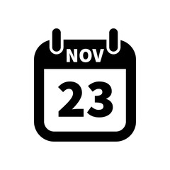 Simple black calendar icon with 23 november date isolated on white