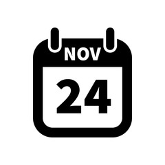 Simple black calendar icon with 24 november date isolated on white