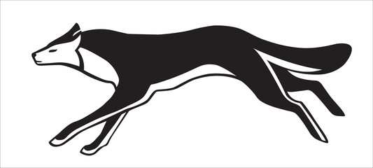Black and white silhouette of running dog. Vector isolated. Stylized image.
