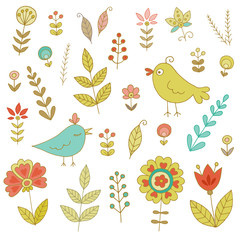 Vintage set for your design with birds and flowers