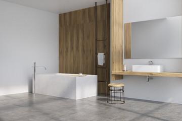 Gray and wooden bathroom, tub side