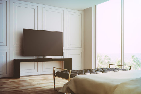 White living room, TV set side view toned