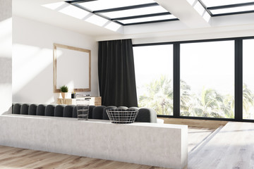 Gray curtains living room, sofa and poster