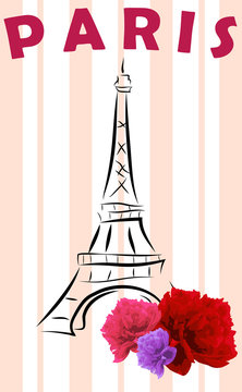 Pink striped background with Eiffel Tower sketch and peonies in Paris