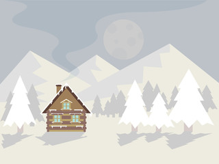 Winter landscape with wooden cottage in forest