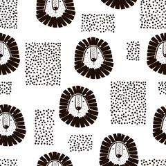 Cercles muraux Environnement naturel Modèle sans couture enfantin avec des lions et des formes abstraites. Fond de vecteur scandinave à la mode. Parfait pour les vêtements pour enfants, le tissu, le textile, la décoration de chambre d& 39 enfant, le papier d& 39 emballage