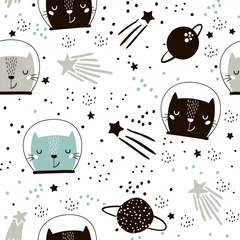 Stof per meter Naadloos kinderachtig patroon met schattige katten astronauten. Creatieve kinderkamer achtergrond. Perfect voor kinderontwerp, stof, verpakking, behang, textiel, kleding © solodkayamari