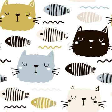 Seamless childish pattern with cute cat face and fish. Creative nursery background. Perfect for kids design, fabric, wrapping, wallpaper, textile, apparel