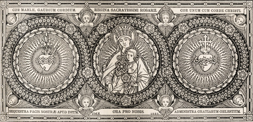 BRATISLAVA, SLOVAKIA, NOVEMBER - 21, 2016: The lithography of Madonna and heards of Jesus and Mary in Missale Romanum by artist with the initials F.M.S  (1885) and printed by Typis Friderici Pustet. - obrazy, fototapety, plakaty