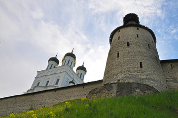 View of the tower and Holy Trinity Cathedral in the Pskov Kremlin