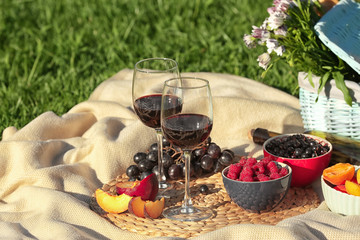 Glasses of wine and ripe fruits for picnic on blanket outdoors