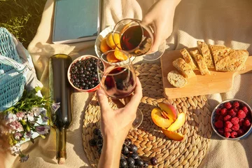 Photo sur Plexiglas Pique-nique Couple in love drinking red wine on picnic