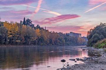 Sunset on the river, River sunset. Adige rivers from pescantina verona italy