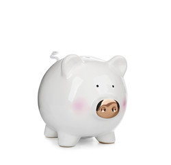 Cute piggy bank on white background