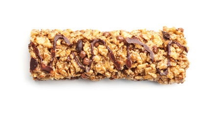 Yummy cereal bar on white background