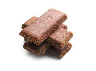 Yummy cereal bars on white background