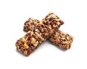 Yummy cereal bars on white background