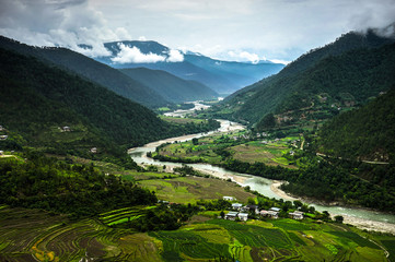 Bhutan Nature View overlooking River - obrazy, fototapety, plakaty