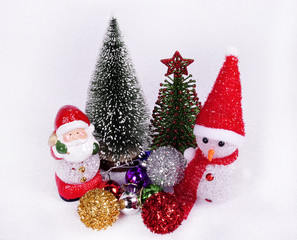 santa claus snowman on the background of a Christmas tree with toys.Christmas decoration