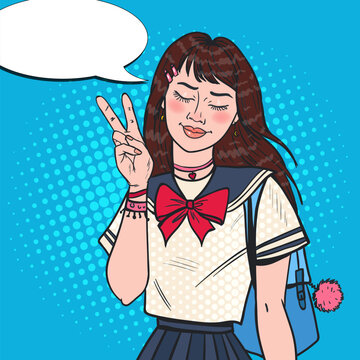 Pop Art Japanese School Girl in Uniform. Asian Teenage Student with Backpack. Vector illustration