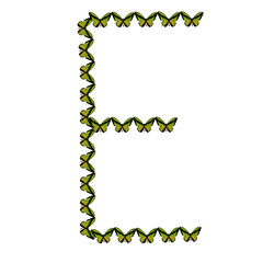 Alphabet from butterflies, letter "E", vector clip art
