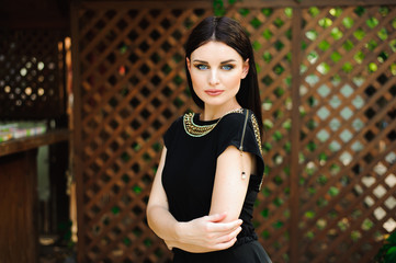 Young beautiful woman in long black evening dress walking path in park. Fashion style portrait of...