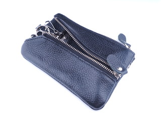 black purse with keys on a white background