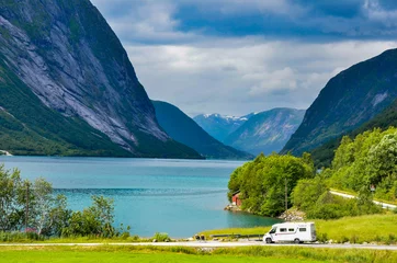 Türaufkleber Motorhome at Norwegian fjord © aksmedia