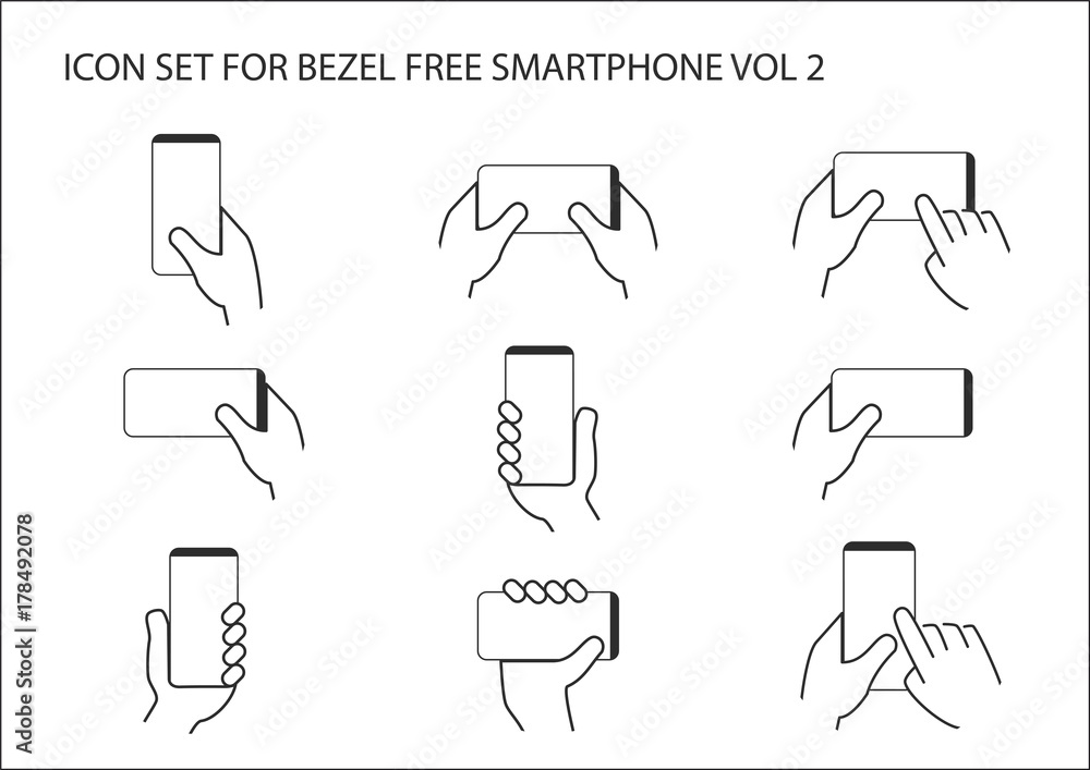 Poster vector icon set of hand holding bezel free modern smart phone in different positions. operating fram