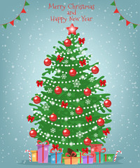 Festive card with fir tree and gifts. Merry christmas and a happy new year