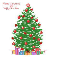 Festive card with fir tree and gifts. Merry christmas and a happy new year