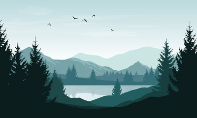 Vector landscape with blue silhouettes of mountains, hills and forest and sky with clouds and birds © Kateina