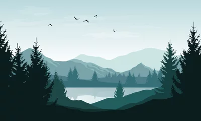 Photo sur Plexiglas Pour elle Paysage de vecteur avec des silhouettes bleues de montagnes, de collines et de forêts et de ciel avec des nuages et des oiseaux