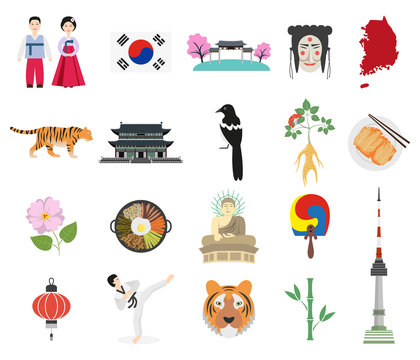 Set of Korean national symbols on the white background.