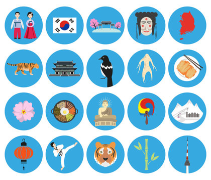 Set of Korean national symbols on the blue background.