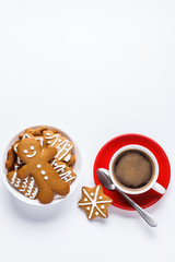 Christmas cookies in a white wooden box with hot chocolate and marshmelow, on a light background.