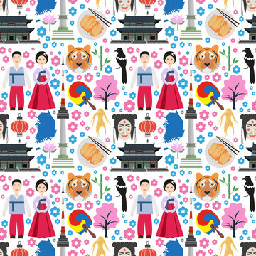Colorful seamless pattern with symbols of South Korea.