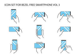 Hand holding modern bezel free smartphone with frameless touchscreen in different variations. Flat design with multiple thin line vector icons.