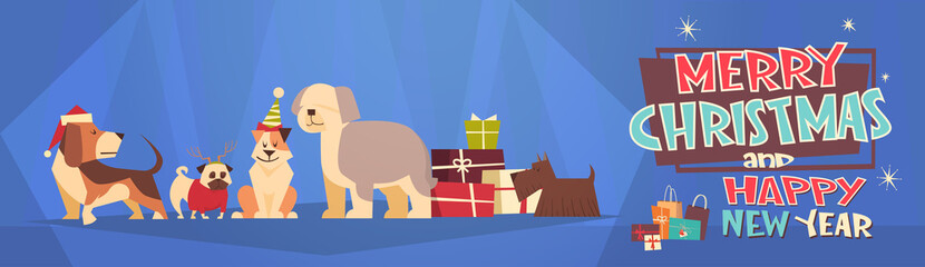 Merry Christmas And Happy New Year Horizontal Banner With Dogs Wearing Santa Hats Winter Holidays Greeting Card Flat Vector Illustration