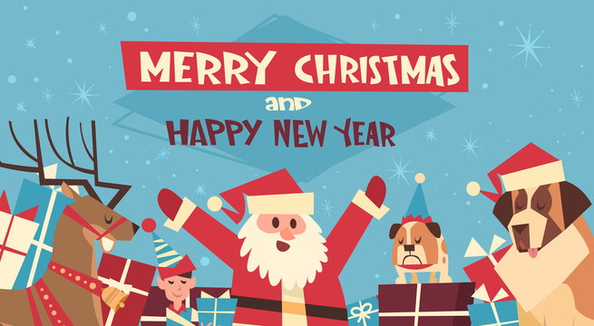 Merry Christmas And Happy New Year Poster With Santa And Dogs Wearing Red Hats Flat Vector Illustration