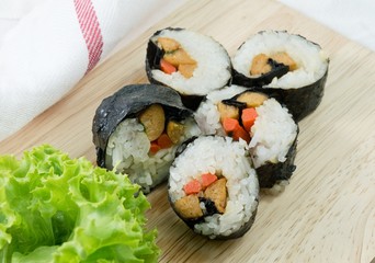 Veggie Sushi Rolls or Vegetable Maki on Wood Tray