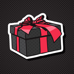 Realistic Gift Box Icon With Red Bow And Ribbon On Black Background Vector Illustration