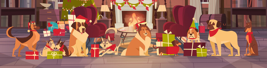 Dogs In Santa Hats In Living Room With Decorated Pine Tree, Merry Christmas And Happy New Year Holiday Poster Design Flat Vector Illustration