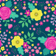 Floral colorful seamless pattern, pink and yellow roses and green leaves on dark green background. Ditsy print. Elegant and tender vector illustration, floral background for print, scrapbooking etc