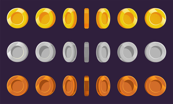 Coin sprite sheet. A set of gold, silver and bronze coins on a purple background. Animation for computer games. Vector illustration.