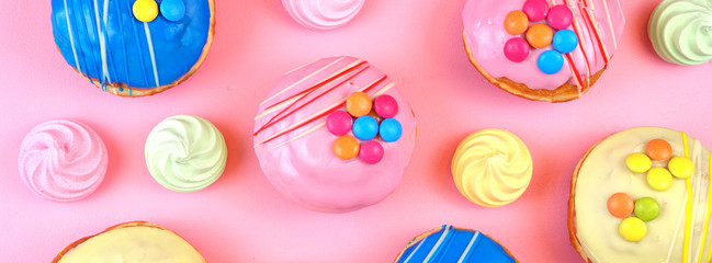Pop Art Color style donuts and bakery goodies social media banner