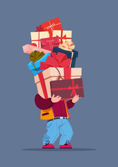Man Holding Gift Boxes Stack On Gray Background Holiday Presents Concept Vector Illustration